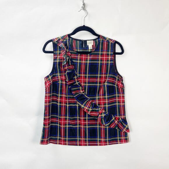 J. Crew 6 NWT Womens Red Black Tartan Ruffle Tank Top Blouse - Picture 1 of 8
